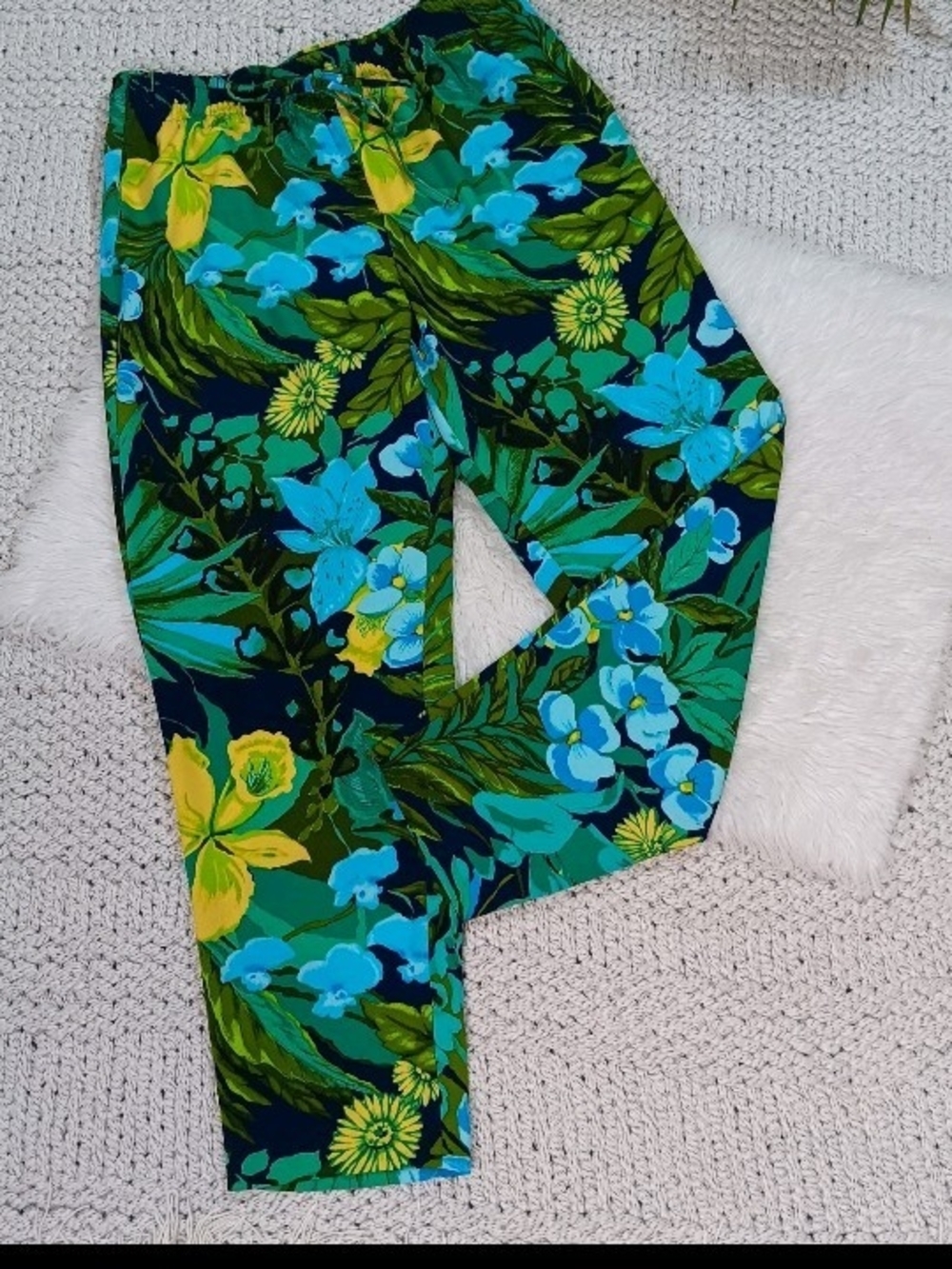 Talbots Women's Bold Blue & Green Floral Print Tropical Drawstring Waist Pants
